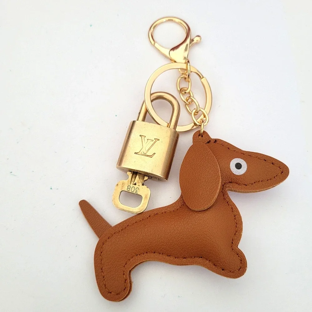 Louis Vuitton Padlock 308 & Leather Dachshund Dog Bag Charm Keychain Gold Brown